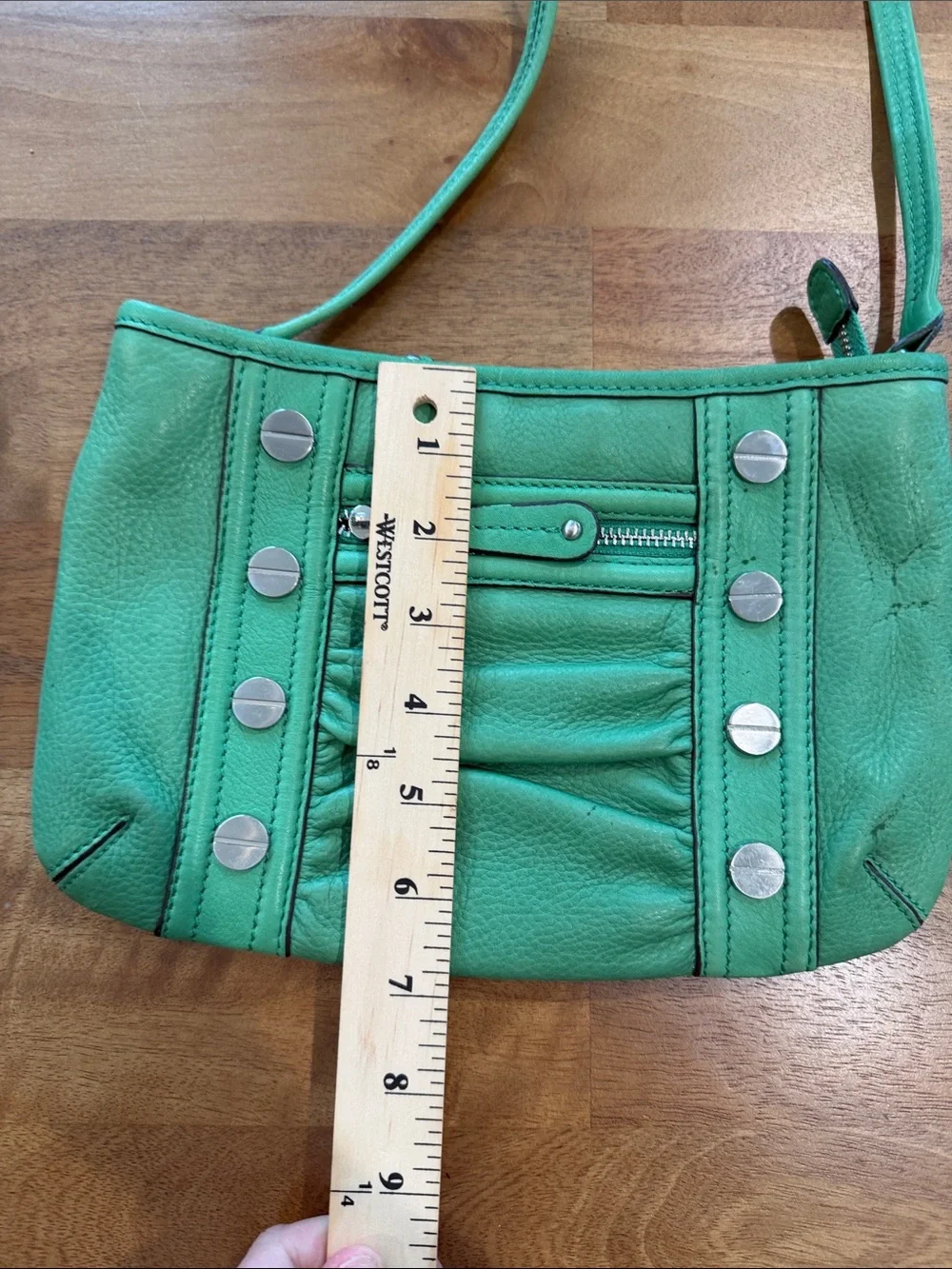 b. makowsky Green Leather Crossbody Bag with Silver Studs